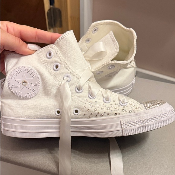 Converse White High-Top Rhinestone Satin Lace Sneakers - Picture 2 of 4